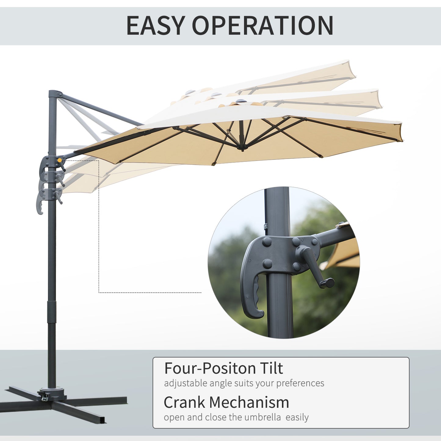 Outsunny 3(m) Patio Offset Parasol Roma Umbrella Cantilever Hanging Sun Shade Canopy Shelter 360° Rotation with Cross Base - Beige