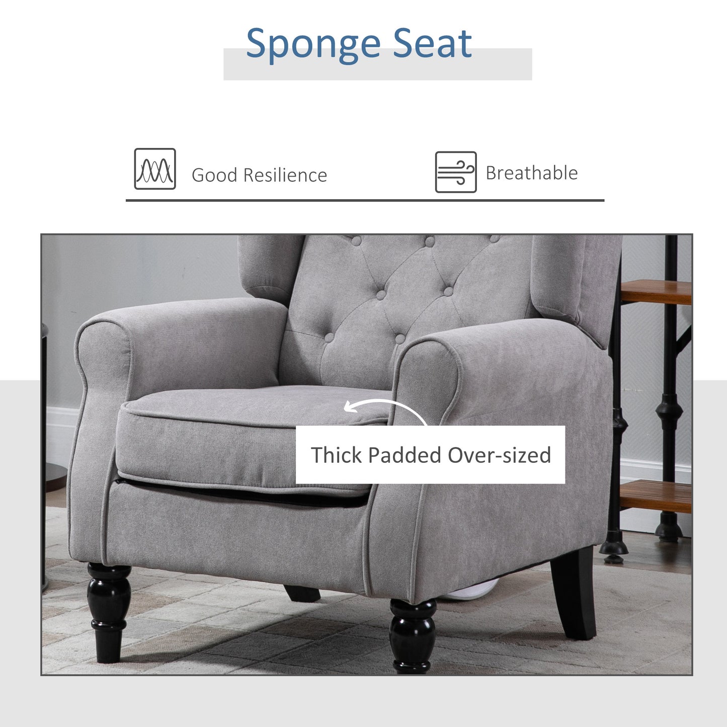 Retro Vintage Style Accent Chair, Wingback Armchair with Wood Frame Button Tufted Design for Living Room Bedroom, Grey