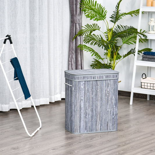 Wooden Laundry Basket w/ Split Compartment Lid Removable Lining Handles Air Holes Ventilation Durable Water-Resistant Clothes Storage Grey 100L
