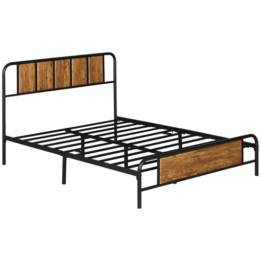 25.5cm Retro Double Bed Frame, Industrial Bed Base with Headboard, Footboard, Steel Slat Support and Under Bed Storage, 145 x 199cm, Rustic Brown