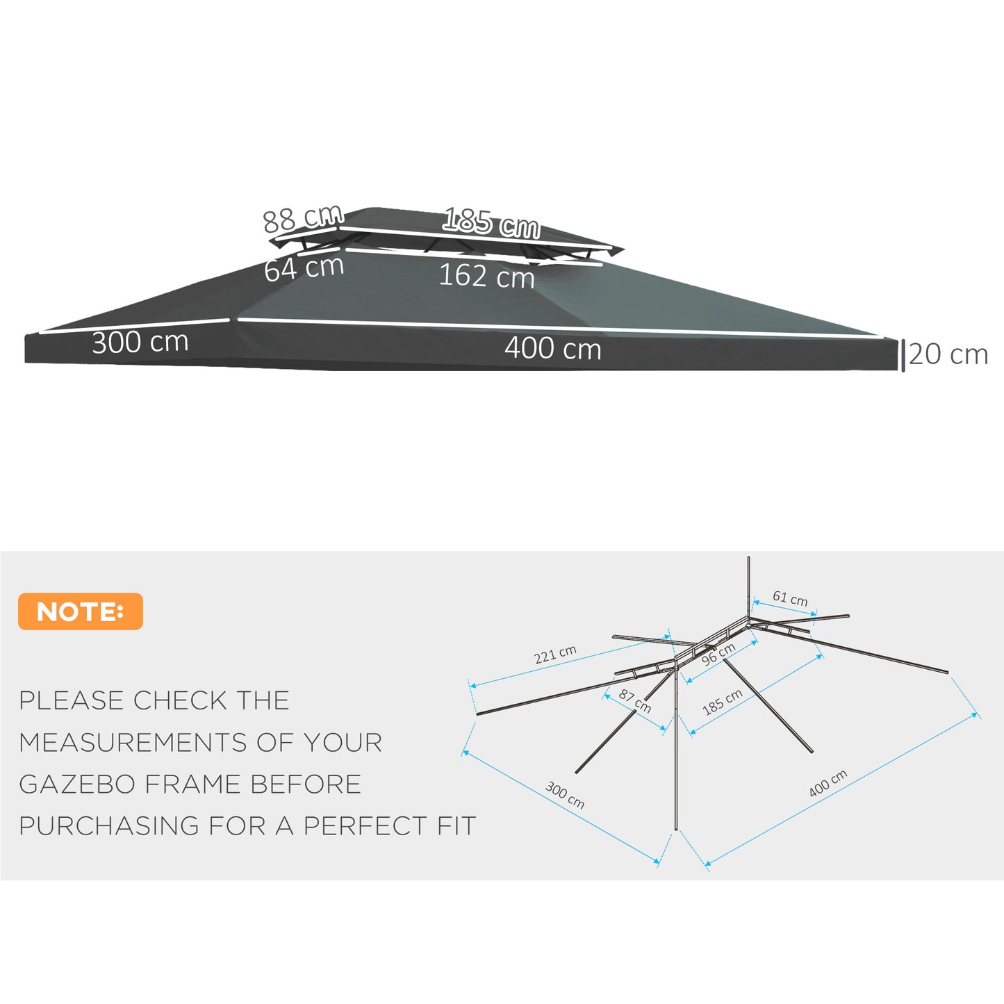 Outsunny 3x4m Gazebo Replacement Roof Canopy 2 Tier Top UV Cover Garden Patio Outdoor Sun Awning Shelters Deep Grey (TOP ONLY)