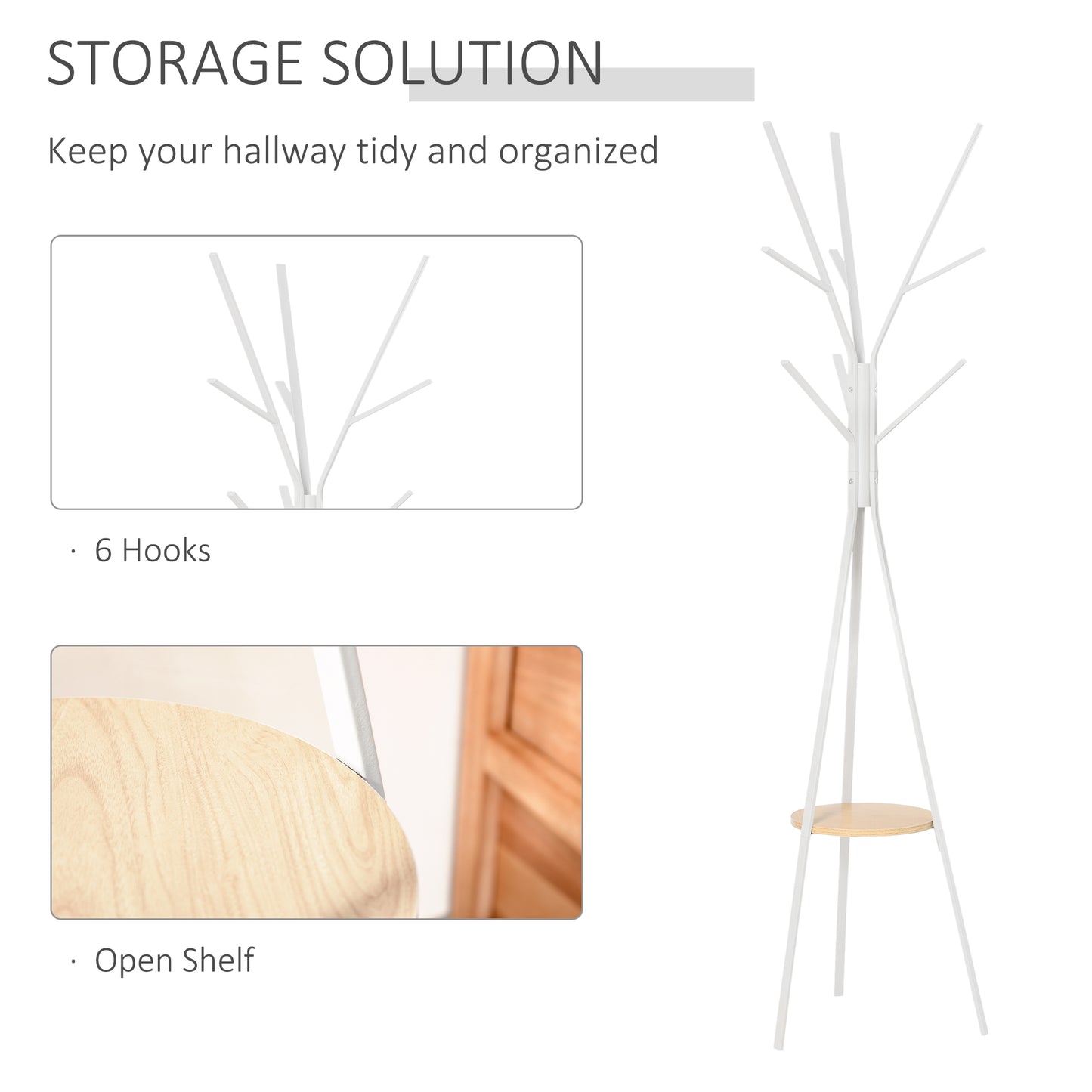 Free Standing Metal Coat Rack Stand 9 Hooks Clothes Tree with 1 Shelf Hat Display Hall Tree Hanger Bag for Hallway Living Room White 180cm