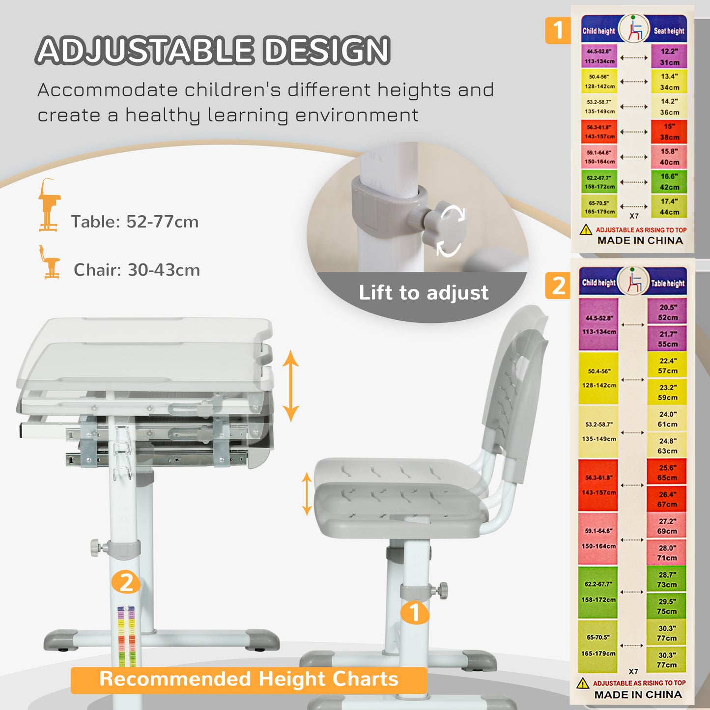 Kids Desk and Chair Set Height Adjustable Student Writing Desk Children School Study Table with Tiltable Desktop, Grey