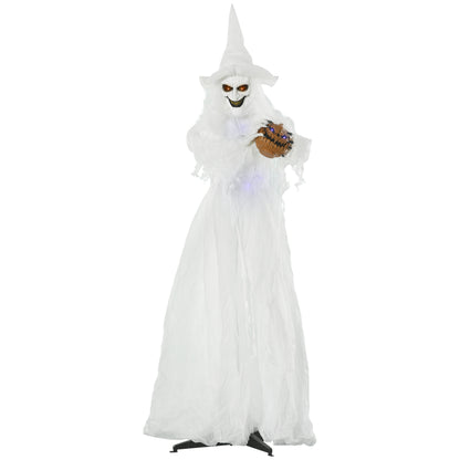 72 Inch Halloween Decorations White Witch Holding Pumpkin Head, Standing Skeleton Ghost Prop Life Size, Motion Activated Light Up Eyes Body