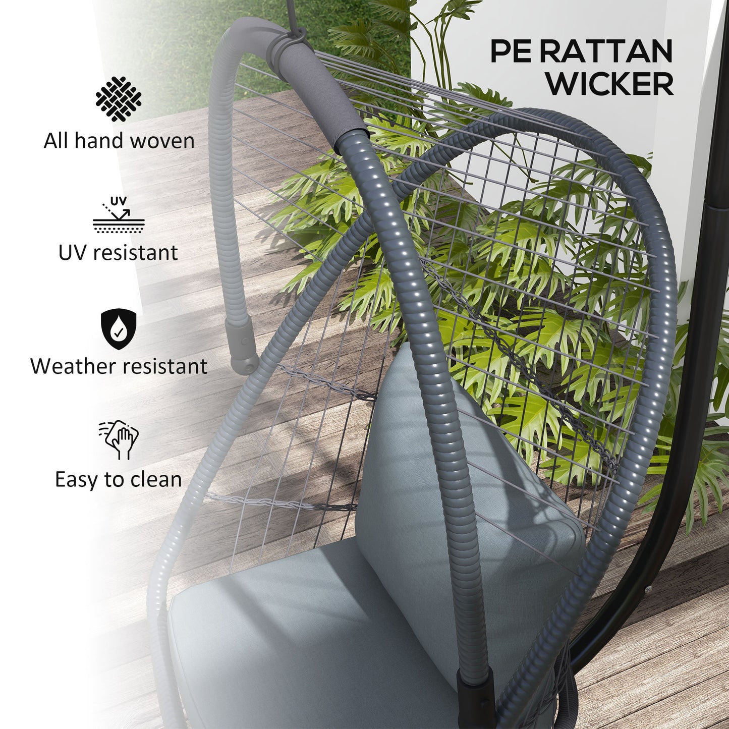 Outdoor PE Rattan Patio Hanging Swing Chair With Cushion, Foldable Basket With Metal Stand, 360° Rotation Spring Hook - Grey