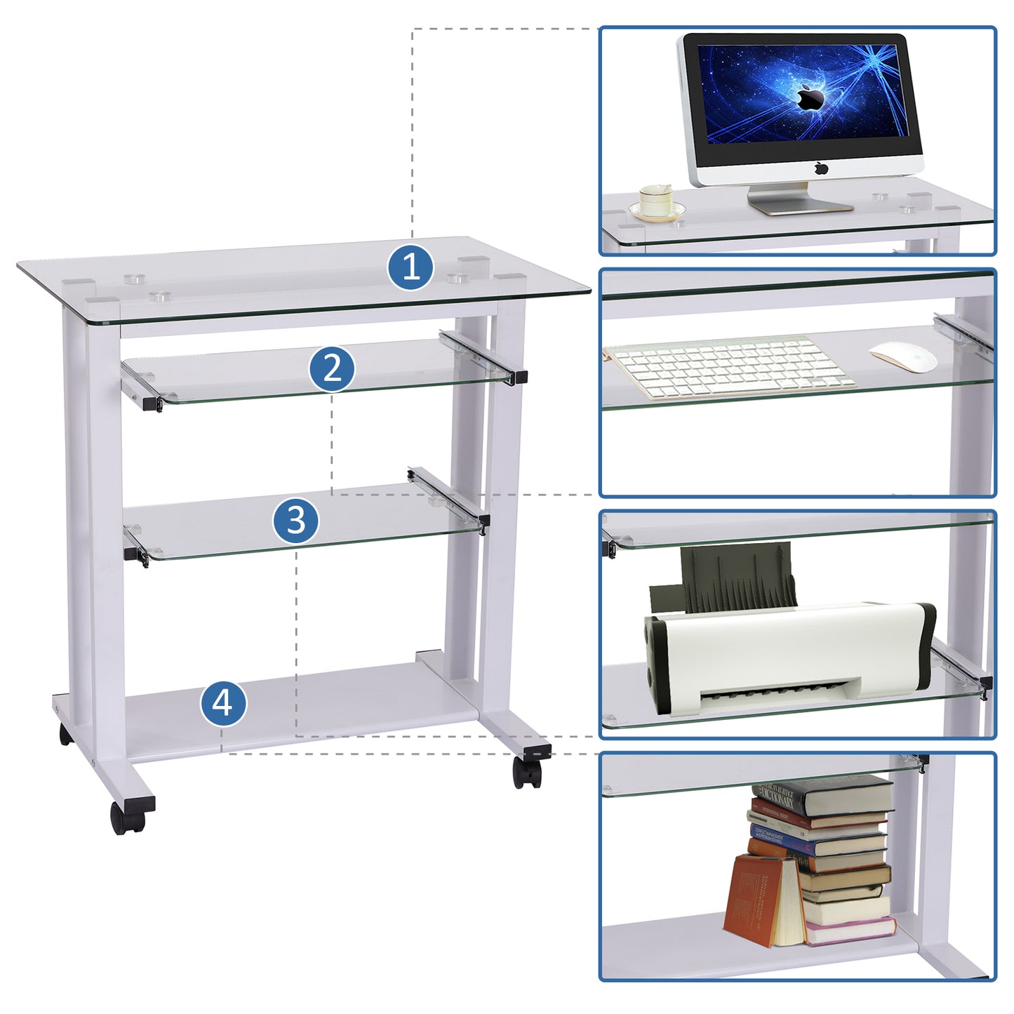 Computer Desk Glass Table Workstation Laptop pc desk mobile with wheels White