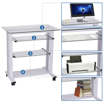 Computer Desk Glass Table Workstation Laptop pc desk mobile with wheels White
