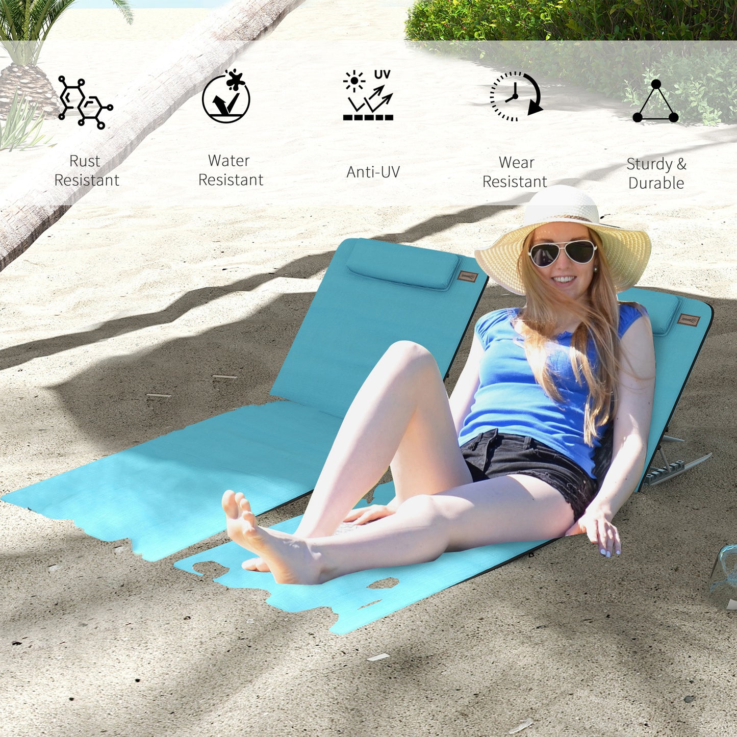 Outsunny Metal Frame PE Fabric 2 Pieces Outdoor Beach Reclining Chair Set w/ Pillow Light Blue