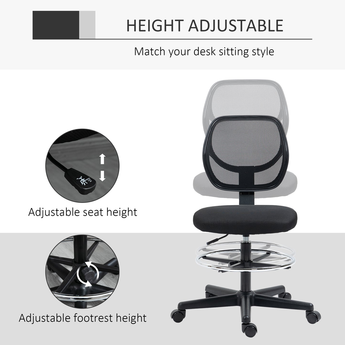 Ergonomic Draughtsman Chair for Standing Desk | Armless | Curved Mesh Back | Padded Seat | Adjustable Footrest Ring | Seat Height 50-70cm | 5 Wheels | 120kg | Black