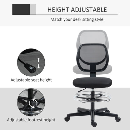 Ergonomic Draughtsman Chair for Standing Desk | Armless | Curved Mesh Back | Padded Seat | Adjustable Footrest Ring | Seat Height 50-70cm | 5 Wheels | 120kg | Black