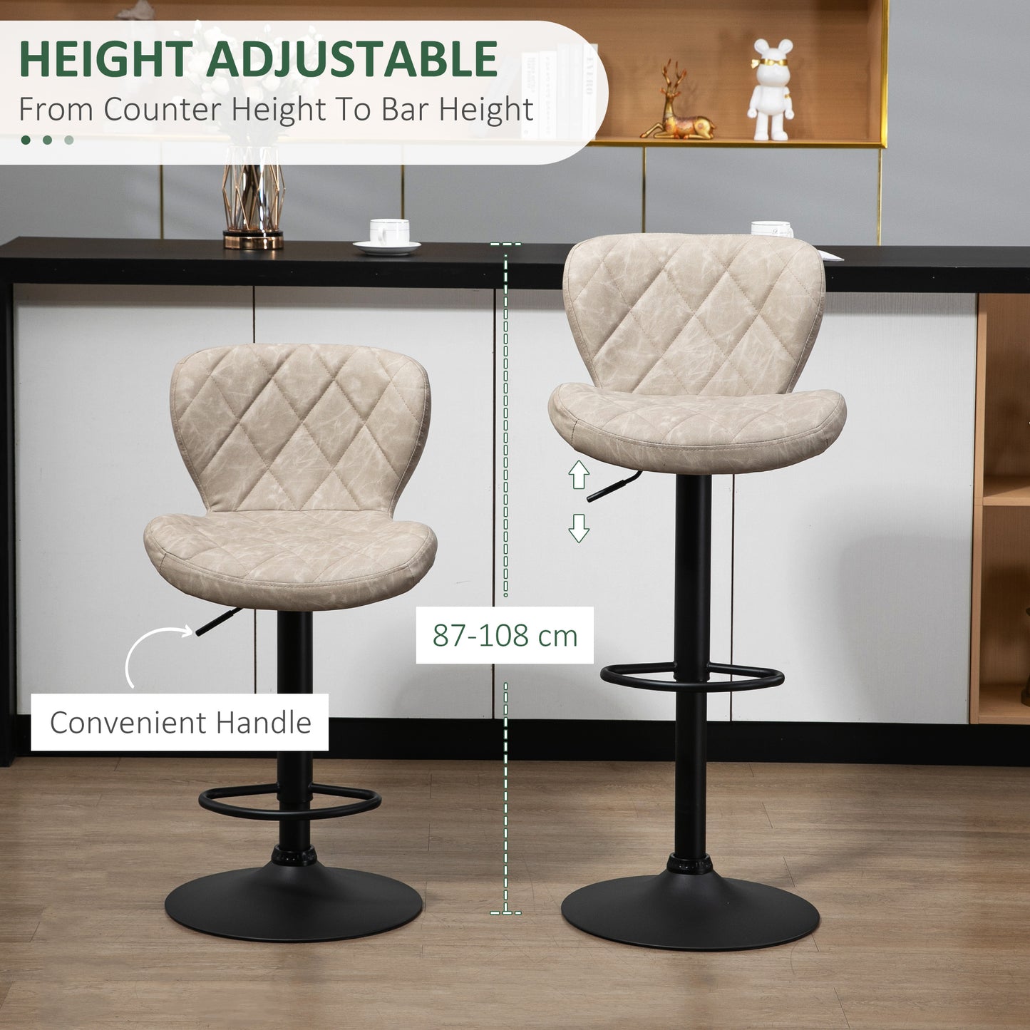 Adjustable Height Bar Stools Set of 2, Swivel Barstools with Backrest and Footrest, Steel Frame Diamond Pattern PU, Kitchen Counter Light Grey