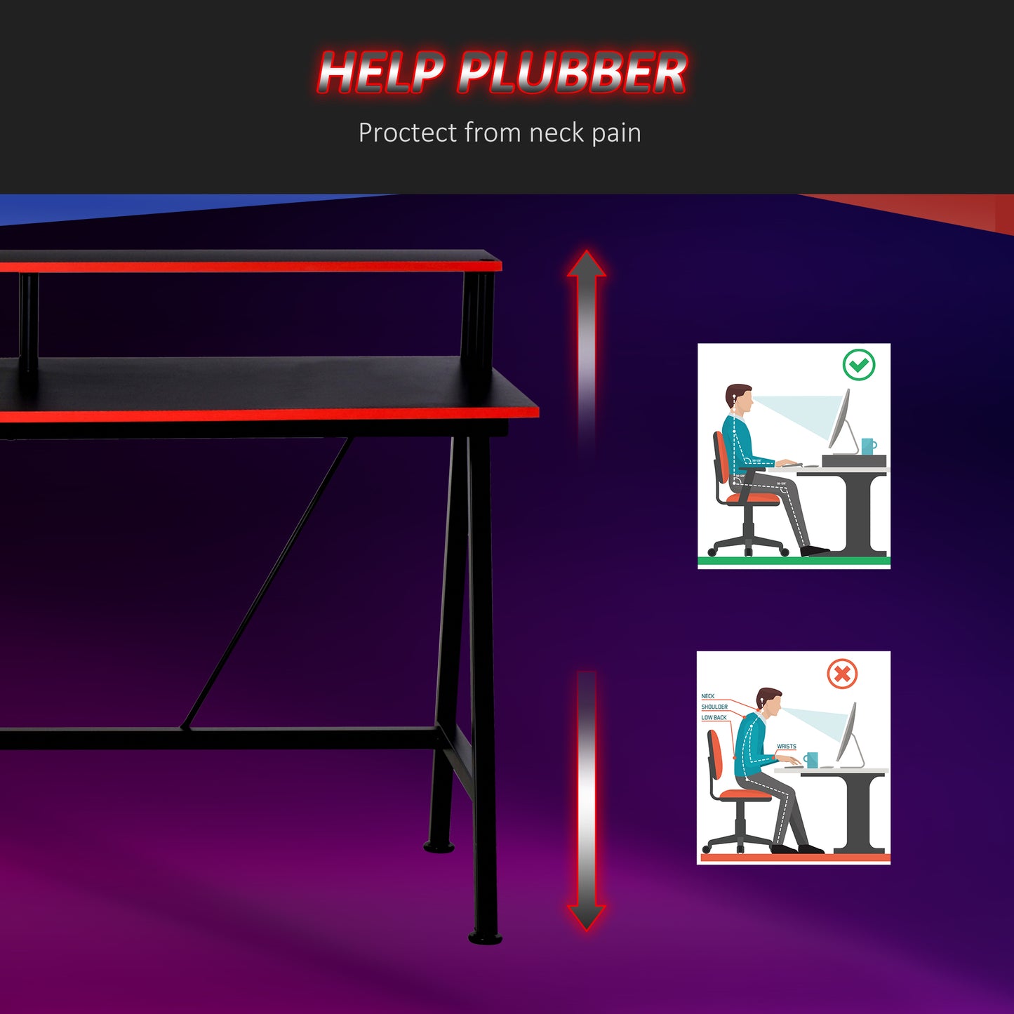 L-Shape Corner Gaming Desk Computer Table with Elevated Monitor Shelf Workstation, Black Red