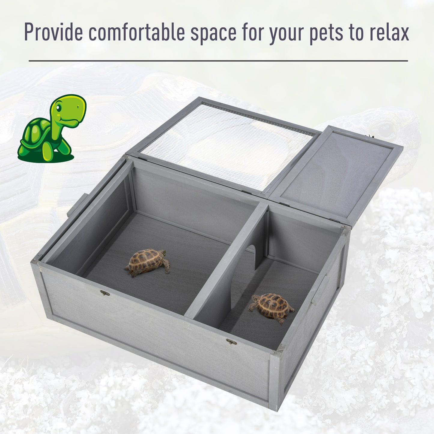 PawHut 94 cm Wooden Tortoise House Turtle Habitat Small Reptile Cage Enclosure with Two Room Grey