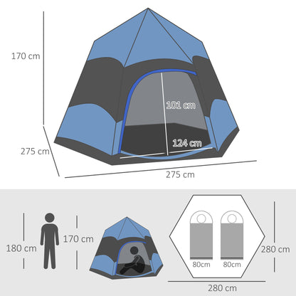 Outsunny Double Layer Dome Tent With Rainfly And Welded Floor 4 Man Hexagon Pop Up Portable Camping Shelter With Carry Bag - Blue and Black