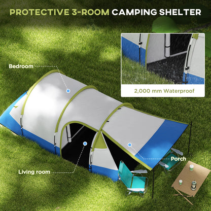 Outsunny Camping Tent, Large Tunnel Tent with Bedroom and Living Area, 2000mm Waterproof, Portable with Bag for 2-3 Man, Green