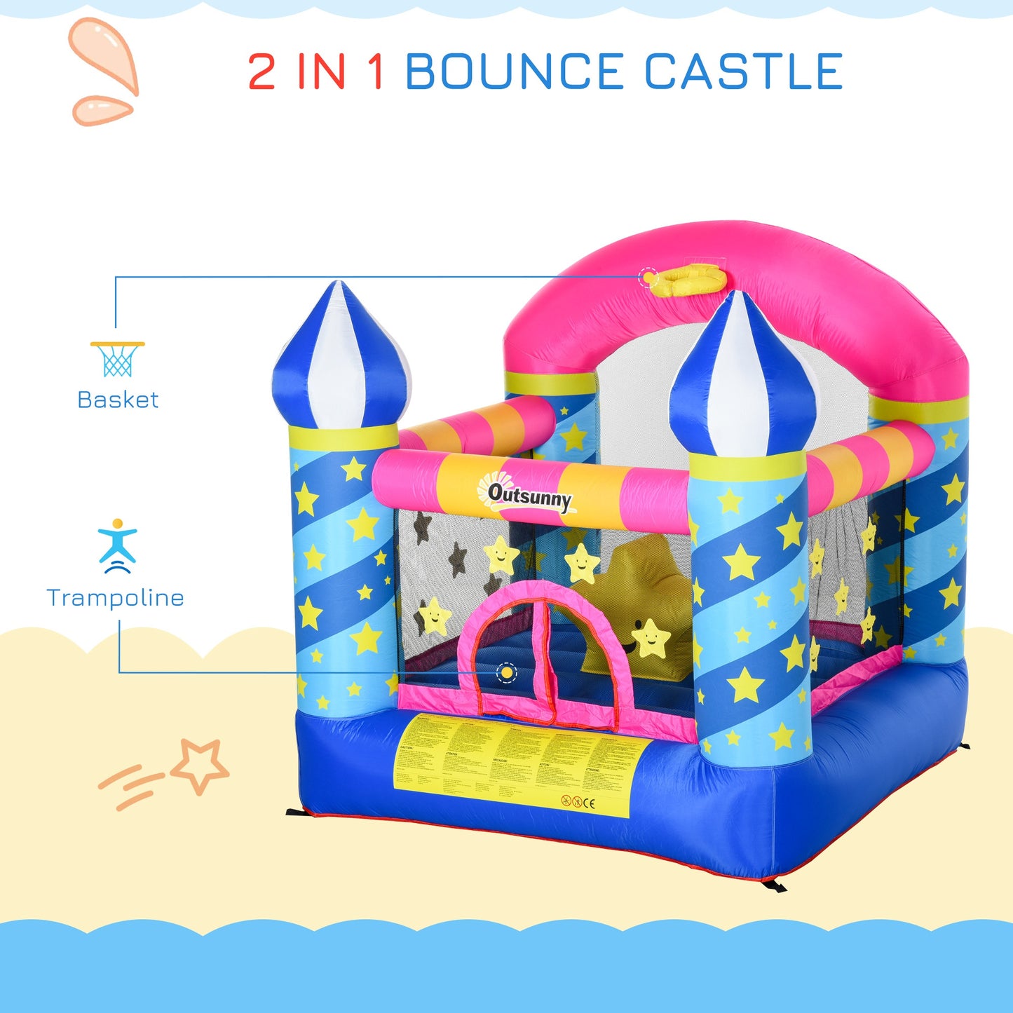 Outsunny Kids Bounce Castle House Inflatable Trampoline Basket with Inflator for Age 3-12 Castle Stars Design 2.25 x 2.2 x 2.15m