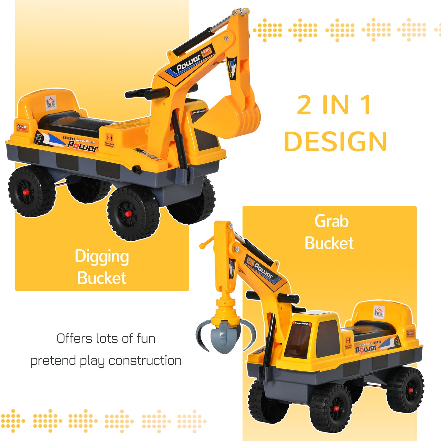 Construction Ride on Excavator Digger Multi-functional Bulldozer Toy Detachable Digging Bucket and Music for Ages 2-3 Years Old Yellow