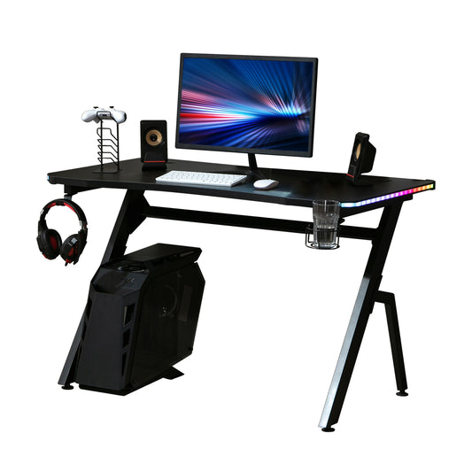 Gaming Desk Racing Style Home Office Ergonomic Computer Table Workstation with RGB LED Lights, Black
