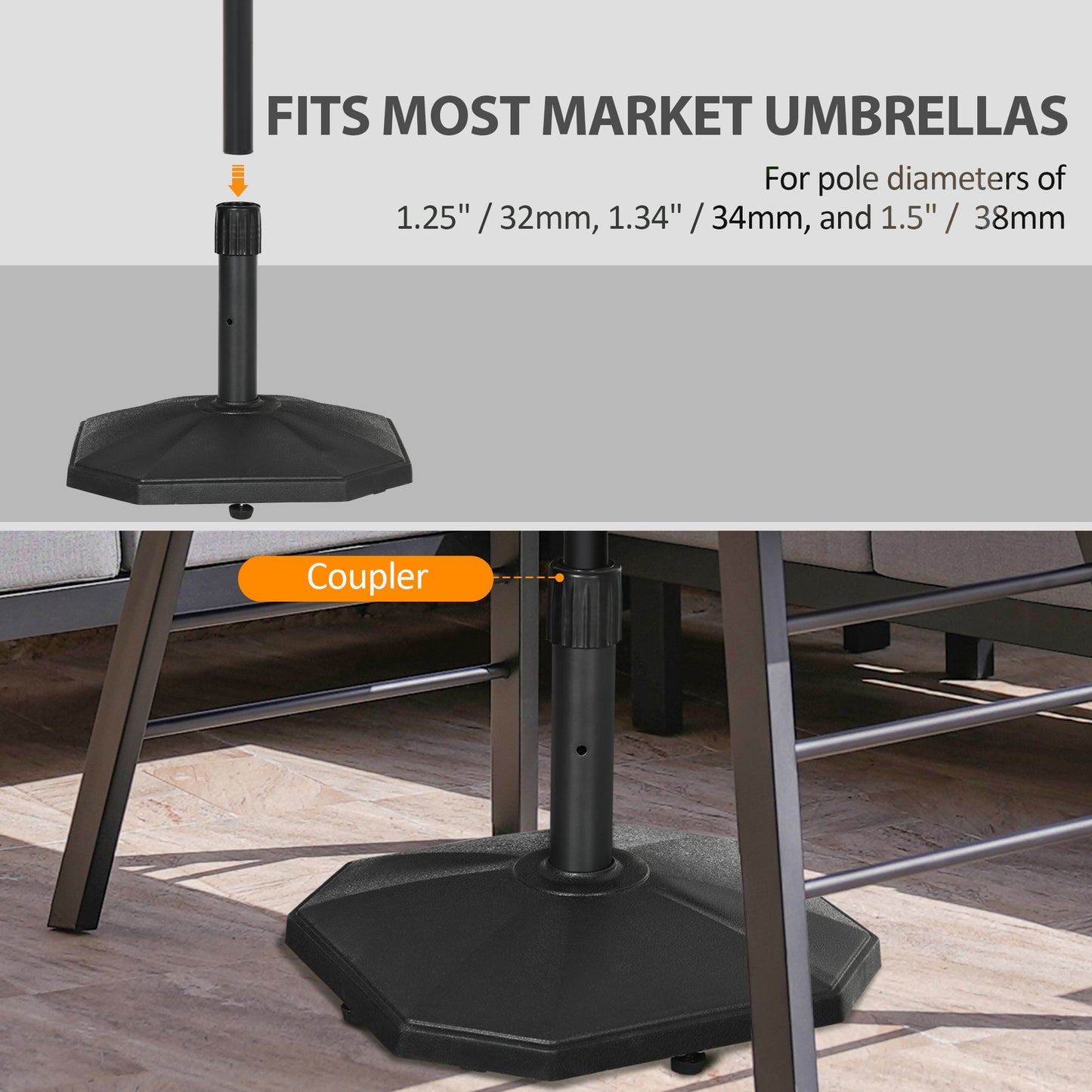 Outsunny 18kg Patio Parasol Base, Concrete Umbrella Base, 45.5cm Outdoor Umbrella Stand Holder for Parasol Poles 34mm, 38mm and 48mm, Black
