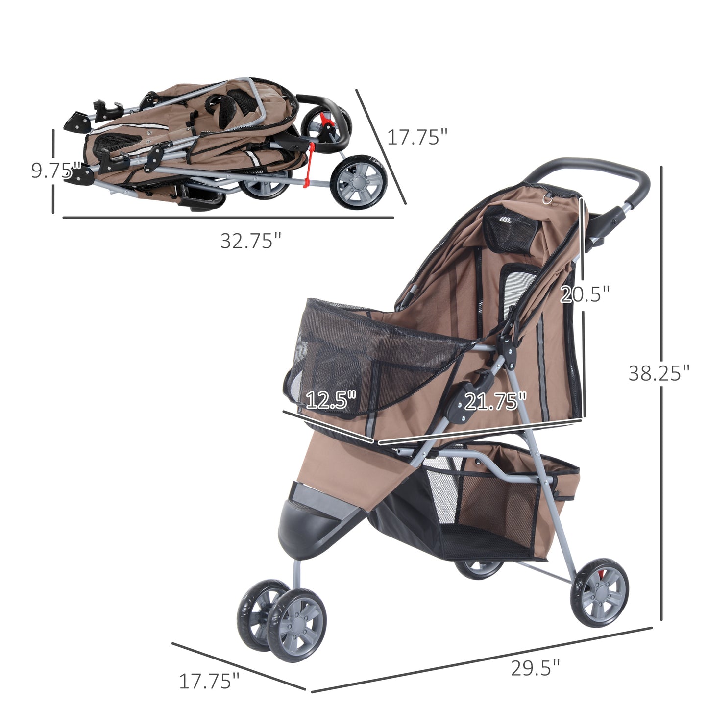 Pawhut Dog Pram Pet Travel Stroller Dog Pushchair W/Three Wheels-Coffee