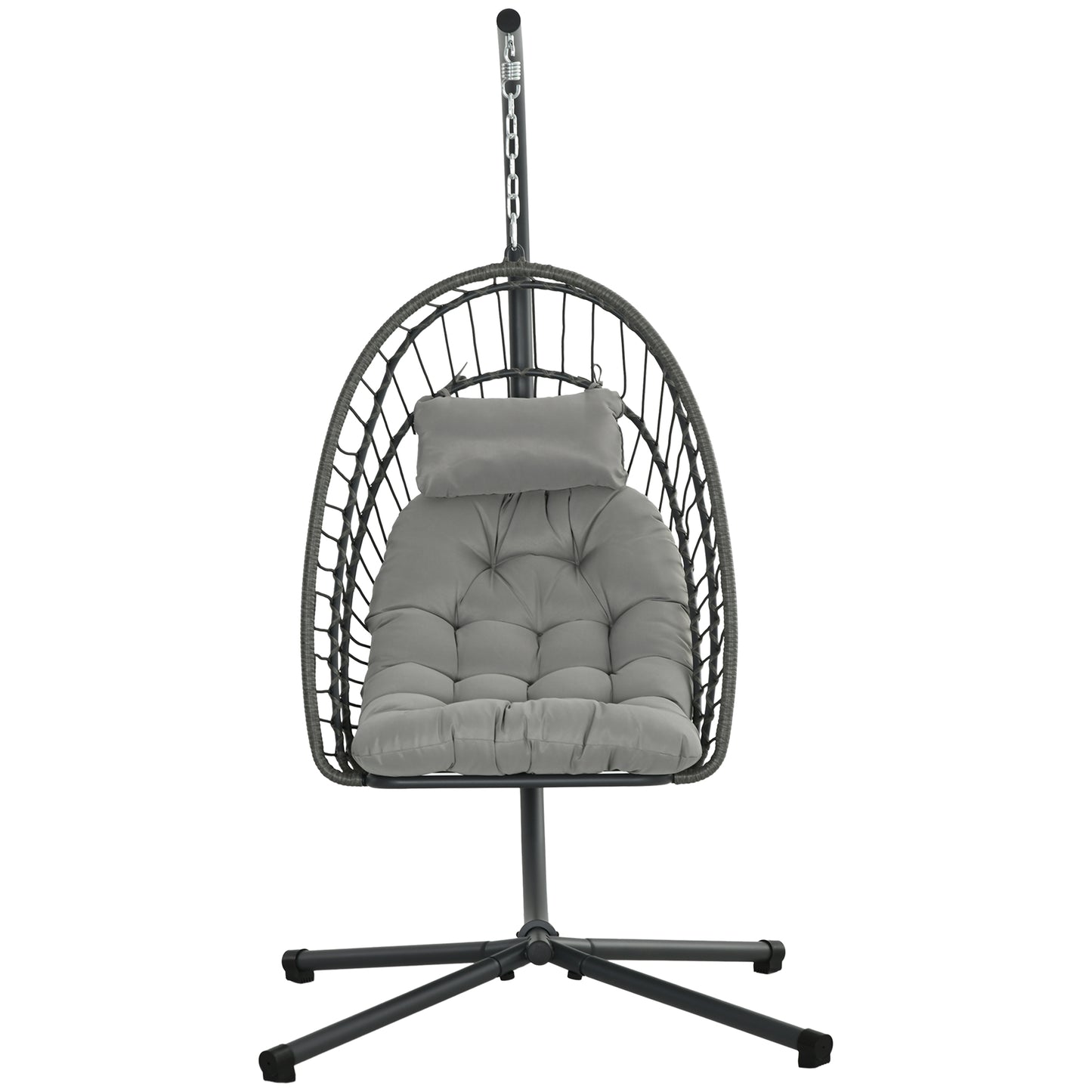 Outsunny Outdoor PE Rattan Swing Chair With Thick Padded Cushion, Foldable Basket Patio Hanging With Metal Stand - Light Grey