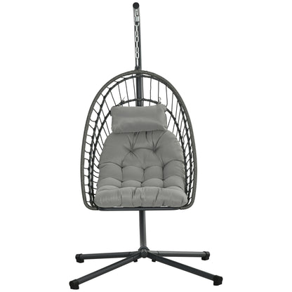 Outsunny Outdoor PE Rattan Swing Chair With Thick Padded Cushion, Foldable Basket Patio Hanging With Metal Stand - Light Grey