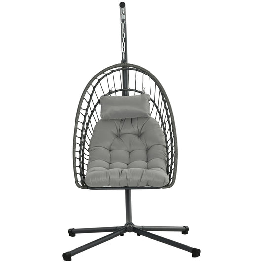 Outsunny Outdoor PE Rattan Swing Chair With Thick Padded Cushion, Foldable Basket Patio Hanging With Metal Stand - Light Grey