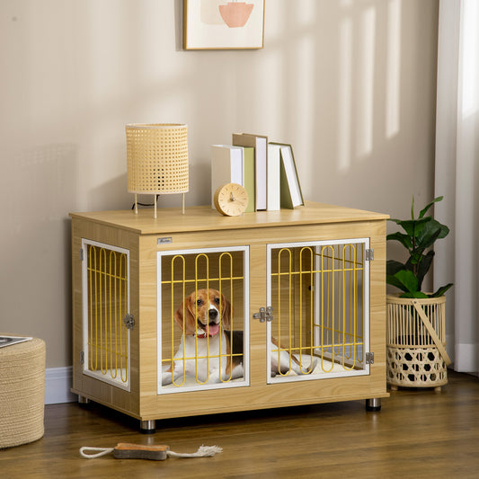 Dog Crate Furniture Side Table | Soft Cushion | Double Doors | Steel Wire Ventilation | Medium & Large Dogs up to 25kg | 90 x 58 x 65cm | Oak Tone & Beige