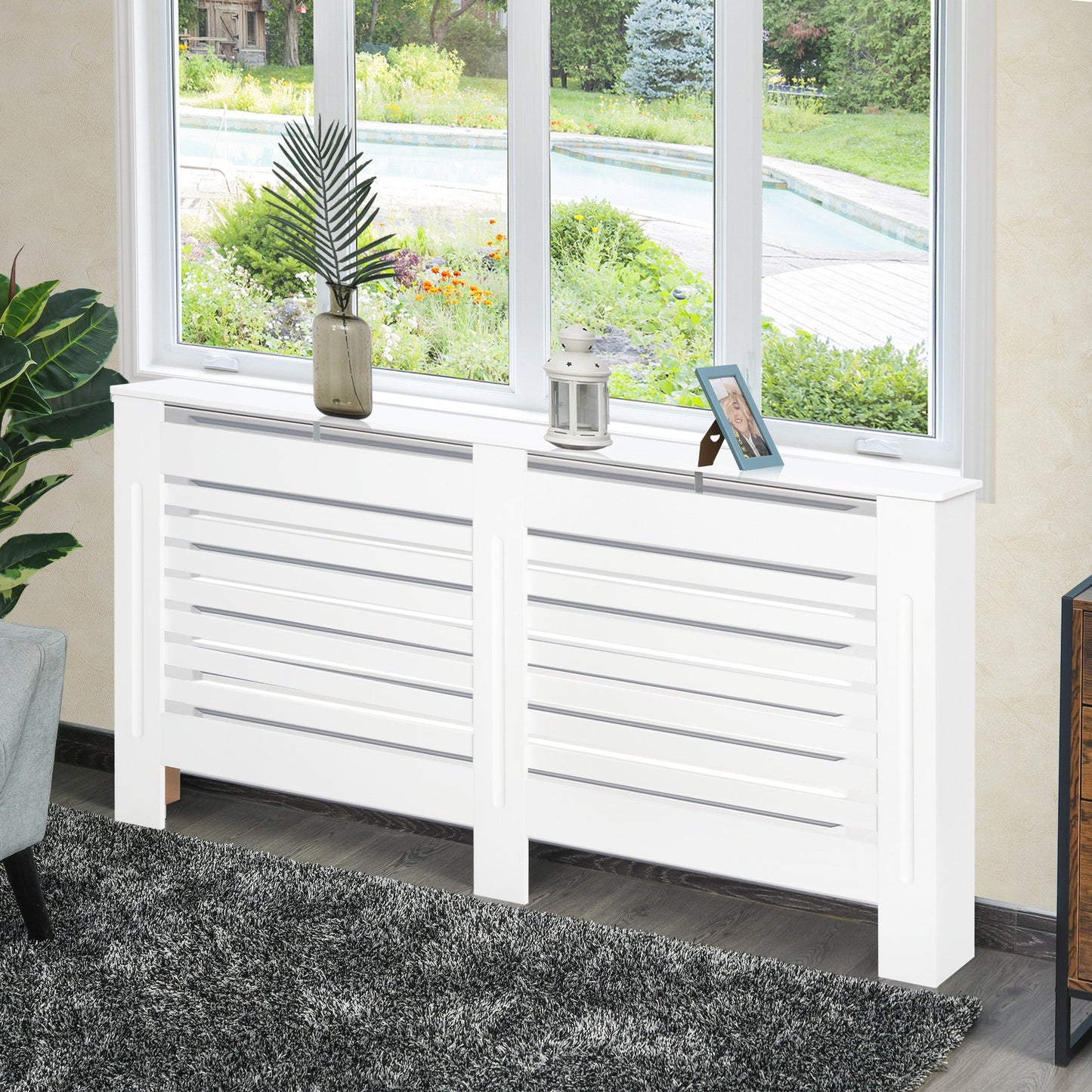 MDF White Painted Radiator Cover Slatted Cabinet Shelving Display Horizontal Style Modern Piece 172L x 19W x 81H cm