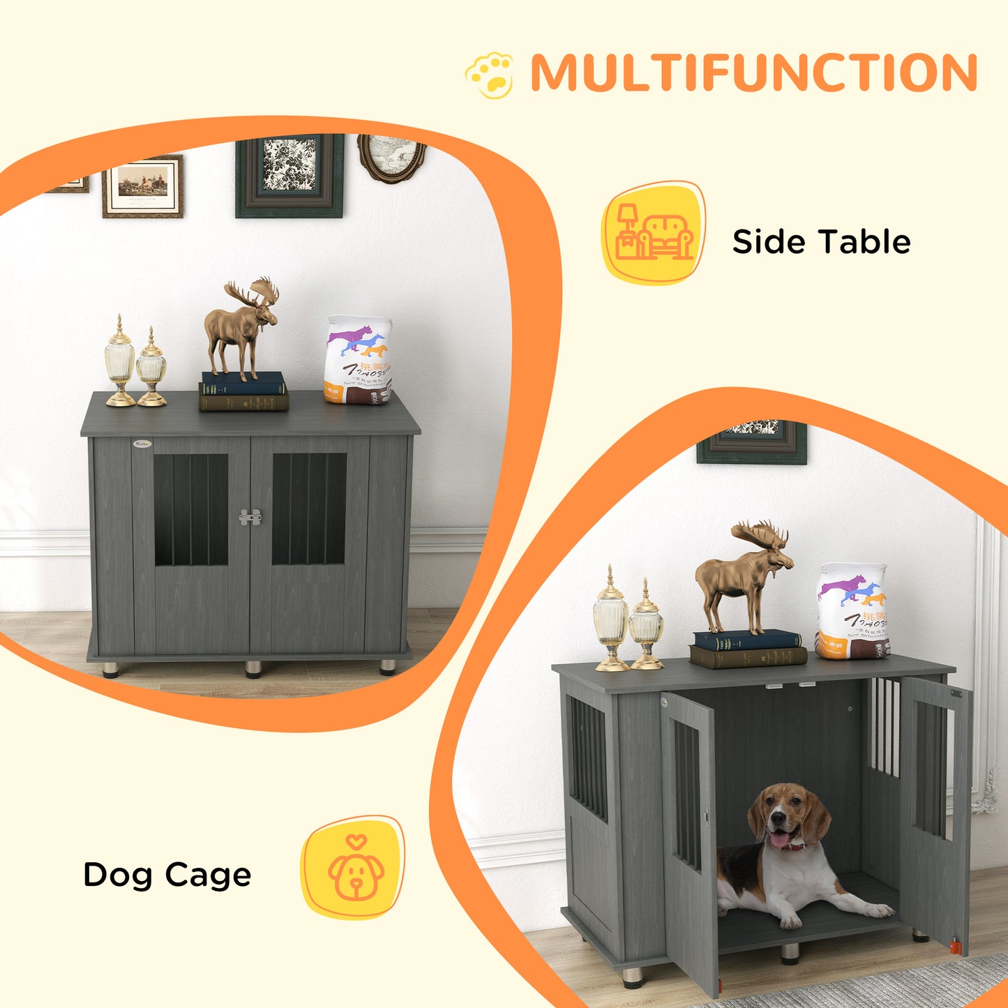 Dog Crate Furniture Side Table | Magnetic Door & Bolt | Elevated Base | Steel Bar Ventilation | Medium & Large Dogs up to 40kg | 100 x 55 x 80cm | Grey
