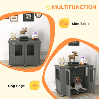 Dog Crate Furniture Side Table | Magnetic Door & Bolt | Elevated Base | Steel Bar Ventilation | Medium & Large Dogs up to 40kg | 100 x 55 x 80cm | Grey