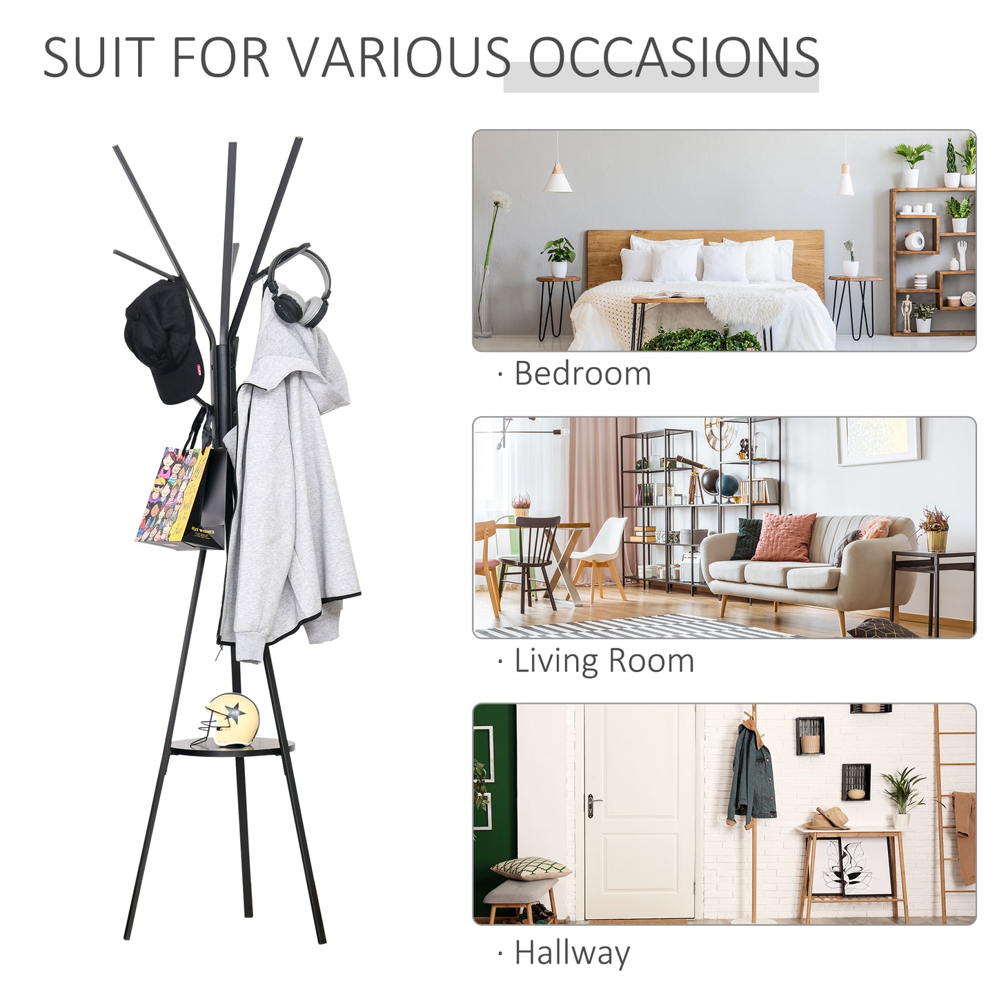 Free Standing Metal Coat Rack Stand 9 Hooks Clothes Tree with 1 Shelf Hat Display Hall Tree Hanger Bag Umbrella Hanging Organiser (Black) 180cm