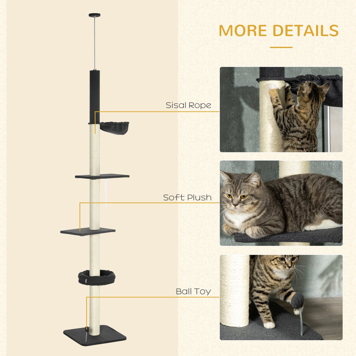 PawHut Floor To Ceiling Cat Tree, 5-Tier Height Adjustable Cat Climbing Tower with Scratching Post, Hammock, Bed for Indoor Cats, 240-270cm, Black