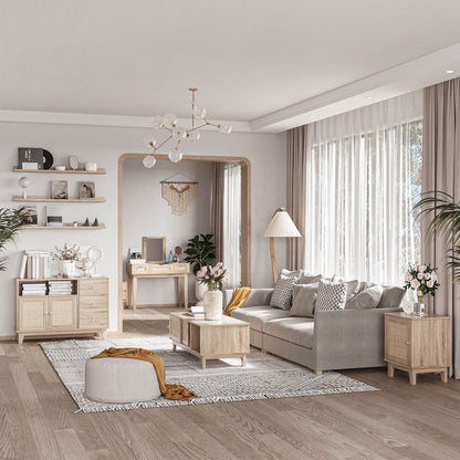 Set Of 2 Bedside Table, Bedside Cabinet with Storage Cupboard, Side End Table with Rattan Element for Living Room, Bedroom, Natural