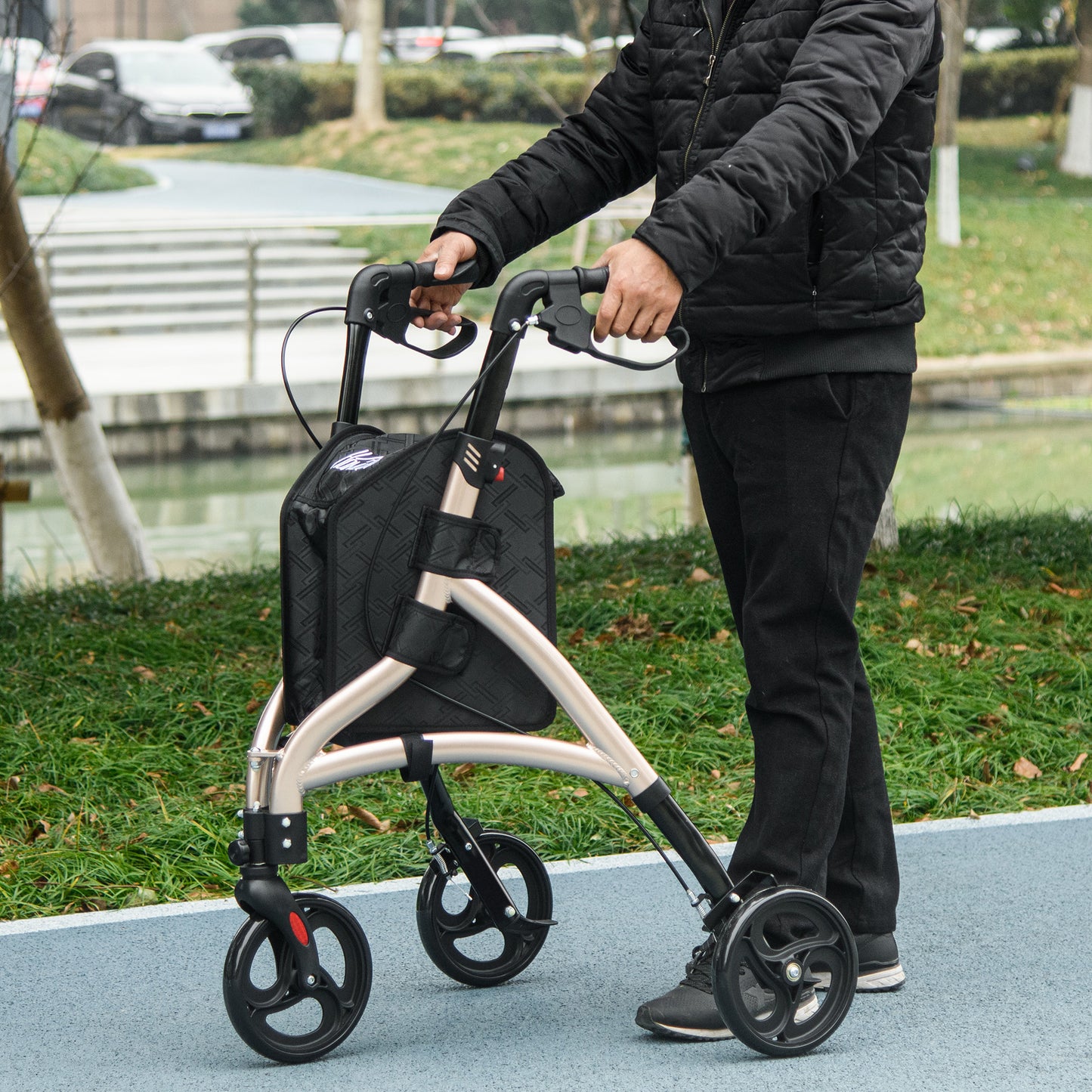 3 Wheel Rollator Lightweight Aluminium Tri Walker With Adjustable Handle, Storage Bag And Dual Brakes, Folding, 5.3kg, Gold Tone
