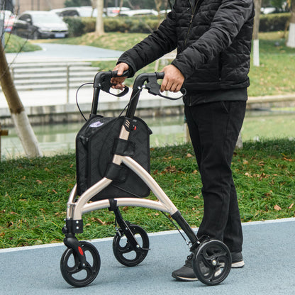 3 Wheel Rollator Lightweight Aluminium Tri Walker With Adjustable Handle, Storage Bag And Dual Brakes, Folding, 5.3kg, Gold Tone