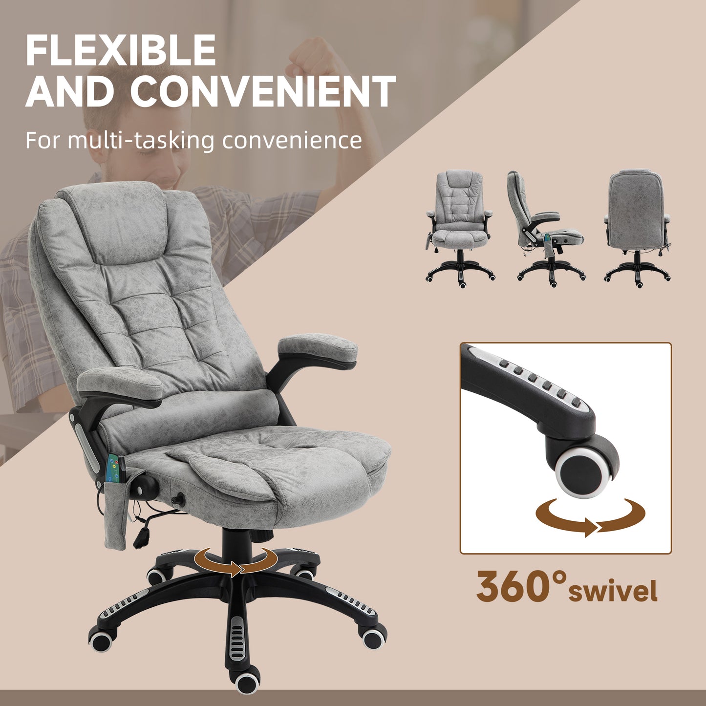 Heated Massage Recliner Office Chair | 6 Point Massage | Microfiber Cloth | High Back | Armrests | 130° Recline | 360° Swivel | Height Adjustable 107-116cm | 120kg | Grey