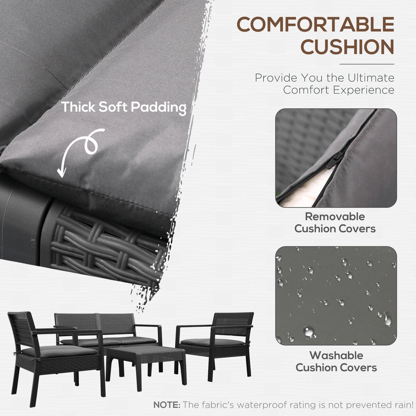 Outsunny Outdoor Garden PP Rattan Style Sofa Set, 4 PCS Patio Coffee Table Set w/ Cushioned 2 Single Chairs & 1 Loveseat Conservatory Furniture, Grey