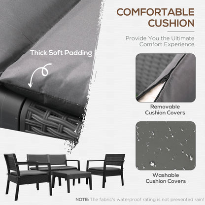 Outsunny Outdoor Garden PP Rattan Style Sofa Set, 4 PCS Patio Coffee Table Set w/ Cushioned 2 Single Chairs & 1 Loveseat Conservatory Furniture, Grey