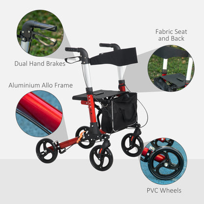 Folding Rollator With Seat & Backrest, Lightweight w/ Adjustable Handle Height, 4 Wheeled Walking Assist - Red