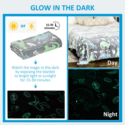 Glow in The Dark Flannel Fleece Throw Blanket, Fluffy Warm Throw Blanket, Kids Dinosaur Luminous Blanket, 203x153cm, Grey