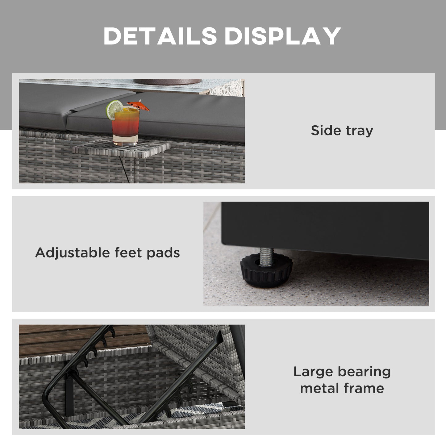 Outdoor Patio PE Rattan Sun Lounger With Cushion, 5-Level Reclining Wicker Rattan With Tea Tray, for Poolside, Patio, Deck - Grey