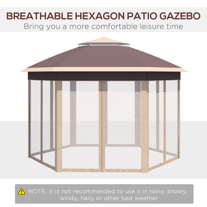 Outsunny Hexagon Pop Up Gazebo Outdoor Patio Gazebo Double Roof Instant Shelter with Netting, 3 x 4m, Khaki