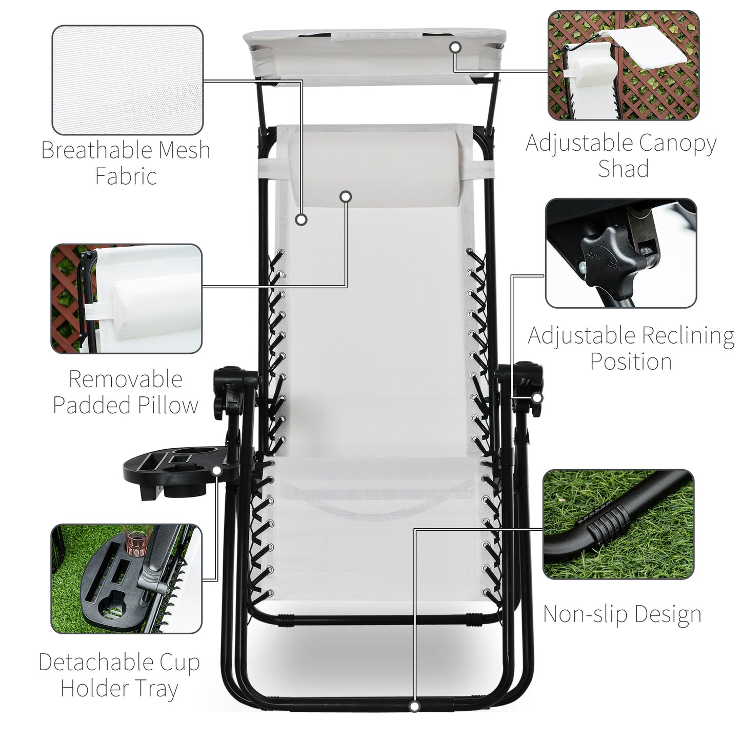 Zero Gravity Garden Deck Folding Chair Patio Sun Lounger Reclining Seat with Cup Holder & Canopy Shade - White