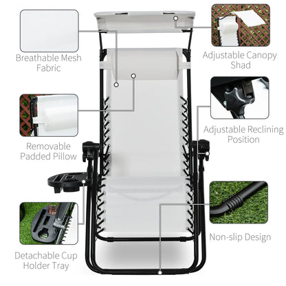 Zero Gravity Garden Deck Folding Chair Patio Sun Lounger Reclining Seat with Cup Holder & Canopy Shade - White