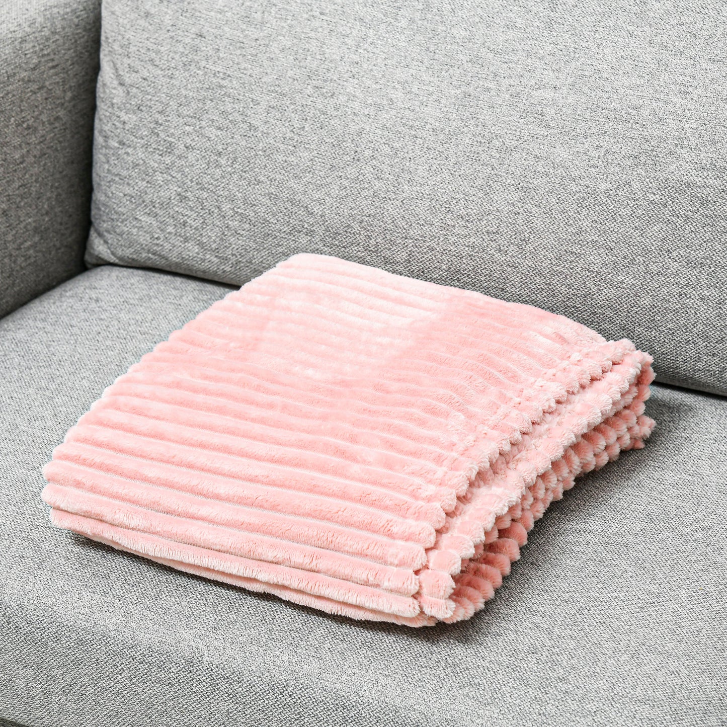 Flannel Fleece Throw Blanket, Fluffy Warm Throw Blanket, Striped Reversible Travel Bedspread, Single Size, 152 x 128cm, Pink