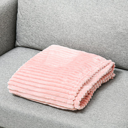 Flannel Fleece Throw Blanket, Fluffy Warm Throw Blanket, Striped Reversible Travel Bedspread, Single Size, 152 x 128cm, Pink