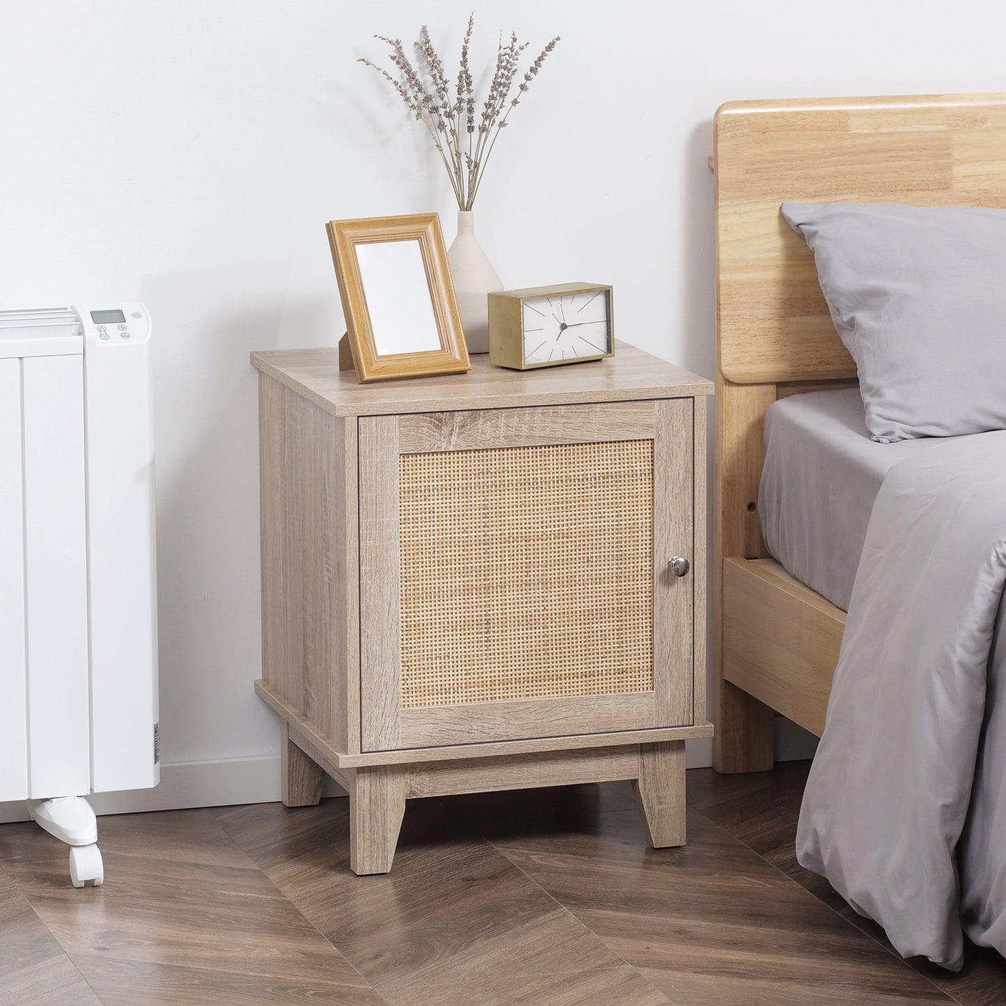 Nightstand, Bedside Table with Storage Cupboard, Side End Table with Rattan Element for Living Room, Bedroom, Natural