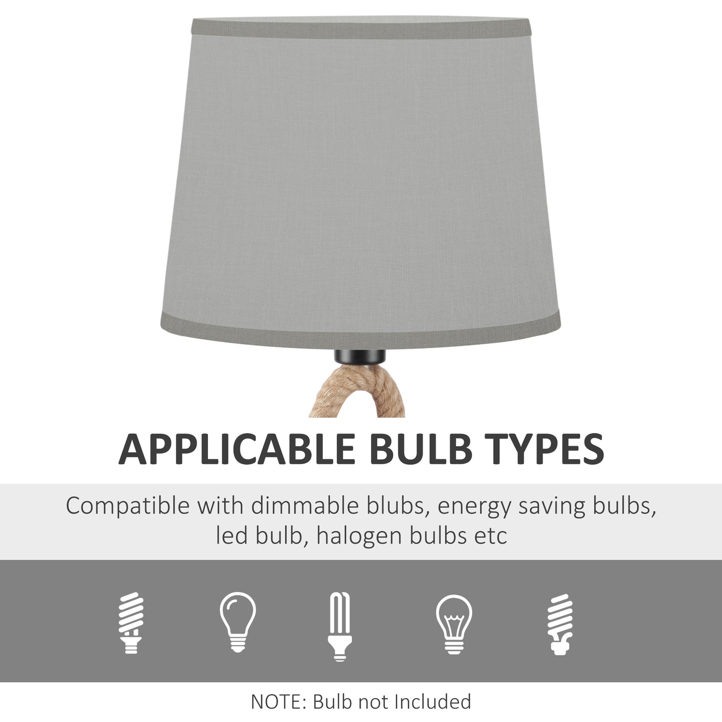 Farmhouse Table Lamp with Rope Base for E27 LED Halogen Bulb, Desk Fabric Light, Bedroom, Living room, Study