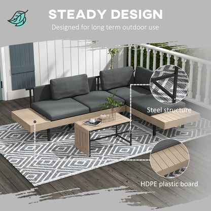 Outsunny 3-Piece L Shaped Garden Sofa Set with Sofa, Table, Cushions, HDPE, Garden Furniture Set for Poolside, Patio